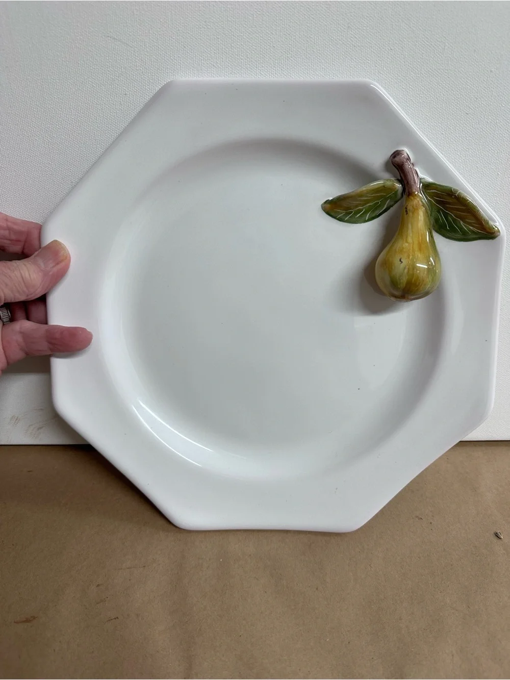 Pierre Deux Octagonal White Ceramic Dinner Plate with Yellow Pear Detail France